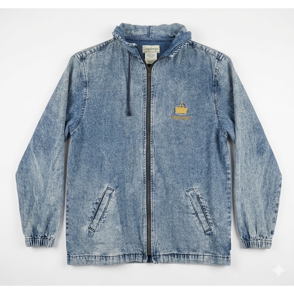 Longaberger Homestead Acid Wash Denim Hooded Jacket Blue Zip Up Mens Medium